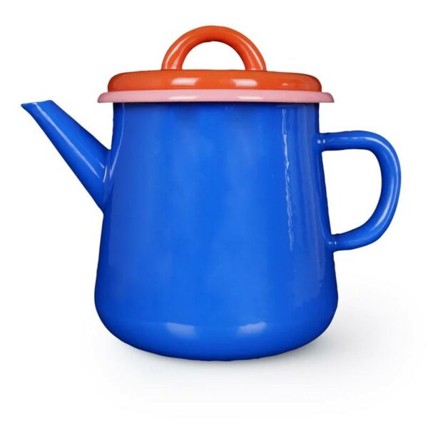 Théière bleu electrique-corail rebord rose